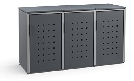 MEISTERBOX – 3er Mülltonnenbox Mülltonnenverkleidung mit Flachdach - 240L - Korpus & Dach Anthrazit/Pfosten Signalgrau