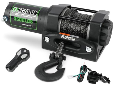 STEGODON Treuil électrique avec capacité de charge de 1 587,6 kg, 12 V en corde synthétique avec télécommande sans fil et poignée filaire, treuil électrique étanche IP67 avec guide-câble Hawse (tout
