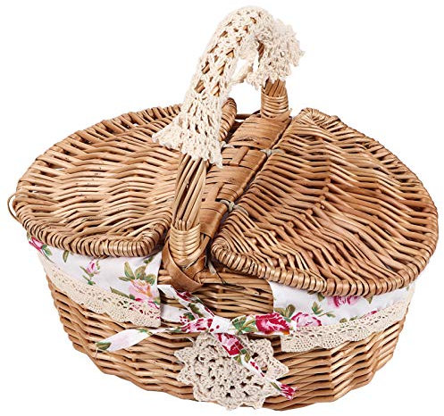 Wicker Picknickkorb - Ovaler Doppeldeckel Wicker Leinen Blumen Picknick Aufbewahrungskorb mit Stofffutter für Urlaub Camping Verwenden Sie Home Store Geschenkdekor