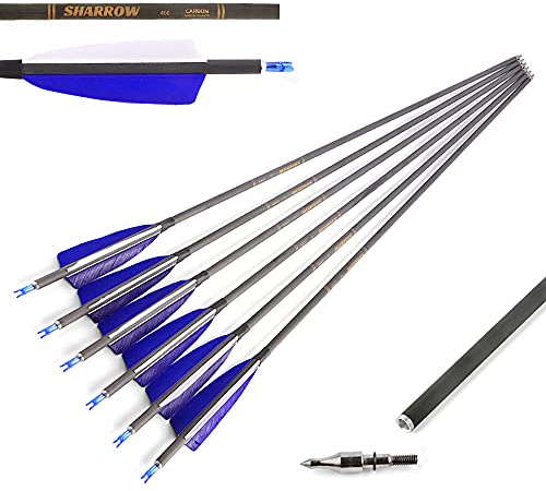 SHARROW 12st Bågskytte Kolpilar 34 tum Jaktpilar Bultar Spine 400 Fletching 4 Turkietfjädrar Kol Pilar för Recurvbågar Compound Båge (Blå)