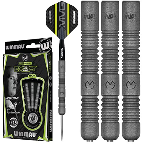 Winmau Dart-set – Michael Van Gerwen MvG exakta stålspetspilar – inkluderar dartflyg och stjälkar, finns i 21,5 g, 23 g, 24 g och 25 g, professionell 90 % volframdartsats, 21,5 g
