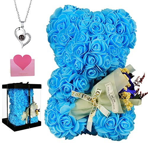 POHOMEGK Mothers Day Flowers Gifts for Mum Rose Bear Gifts for Women,Rose Teddy Bear Flower Bear With I Love You Necklace in 100 Languages,Anniversary Birthday for Wife Mom Girlfriend Daughter (blue)