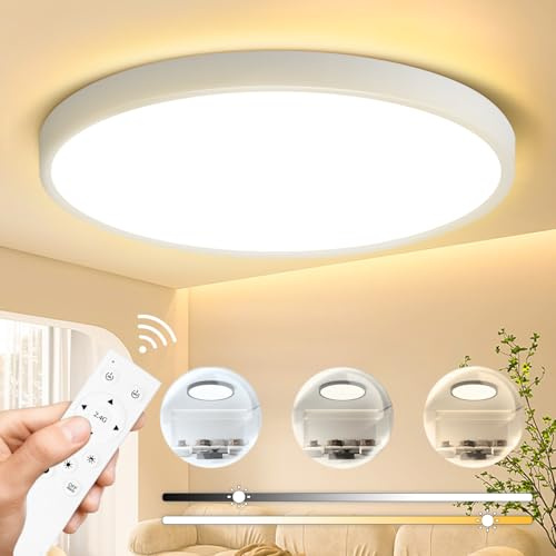CANMEIJIA LED Ceiling Light, Dimmable 24W Bathroom Lights Ceiling Panels with Remote Control 2520LM 3000-6500K Timer & Night Light Function Flush Ceiling Light for Living Room Kitchen Bedroom 30CM