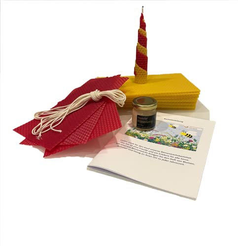 Buntes Bienenwachs-Kerzen Bastelset für 25 Kerzen,Bienenwachskerzen selber machen inkl. Docht rot gelb Honigplatten und Honig für Kinder und erwachsene auch als DIY Geschenk (22 rote platten)
