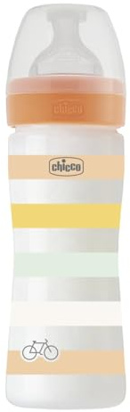 Chicco WELL-BEING Biberón Anticólicos de Flujo Rápido, Biberón para Bebés 2+ Meses con Tetina Physio de Silicona Suave y Acabado Soft Sense, Biberón de Plástico de 250 ml, Naranja