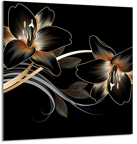 DarHaus Herdabdeckplatte 1 Teilig 60x65 cm Ceranfeldabdeckung Küche Elektroherd Induktion Herdschutz Küchenrückwand Spritzschutz Glasplatte Schneidebrett, Orchidee Schwarz
