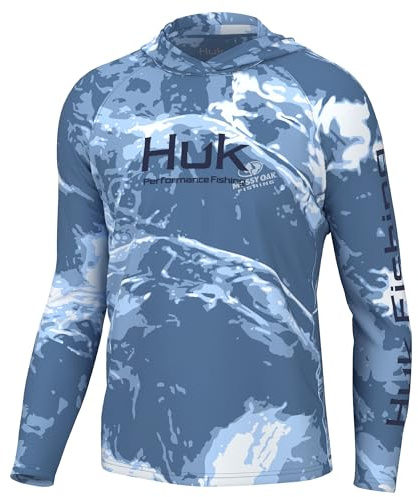HUK Mens Pursuit Pattern Hoodie, Sun Protecting Fishing Shirt with Hood, Mossy Oak - Stormwater Spindrift, Small
