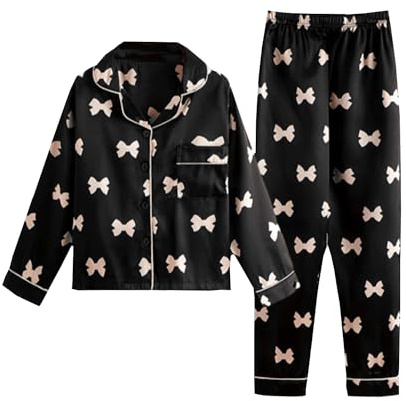 Alunsito Trajes para Recién Nacidos Niñas y Niños Conjunto de Pijamas para Niños Ropa de Satén de Seda con Botones Ropa de Manga Larga Ropa de Dormir PJS 150 Negro 11-12 Años