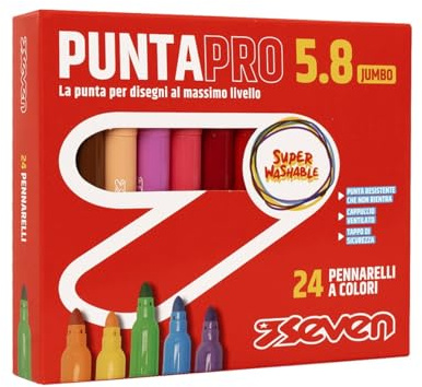 Seven Pennarelli Scuola Puntapro 5.8 - Scatola da 24 Pz, Pennarelli a Colore, Super Washable, Bambini e Ragazzi