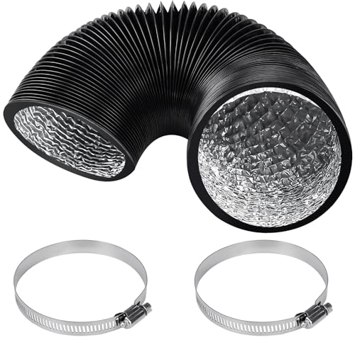 Dryer Vent Hose, 150mm Aluminum Dryer Duct, 2.5m Aluminium PVC Ventilation Air Ducting, Flexible Ventilation Duct Black 4 Layer HVAC Ventilation Air Hose with 2 Stainless Steel Clamps