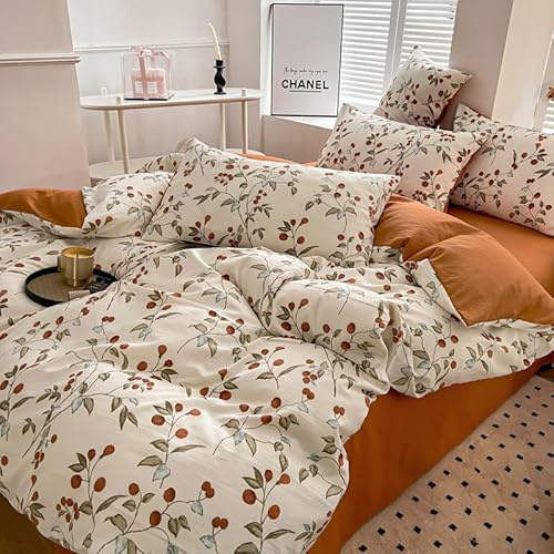 Freyamy Housse de Couette 220x240 Beige Caramel Feuilles Floral Parure de lit 2 Personne en Microfibre avec Fermeture Éclair Réversible Sets de Housse Couette avec 2 Taie d'oreiller 65 x 65 Pour Fille