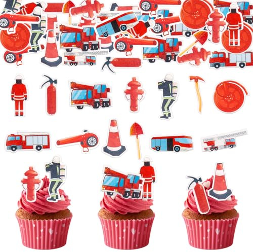 DazzJoy 80 Stück Essbare Tortendeko Feuerwehr, Essbare Feuerwehrauto für Torte, Feuerwehr Tortendeko Essbar Kuchen Deko, Esspapier Feuerwehrmann Cupcake Toppers, Feuerwehrmann Torten Deko Esspapier