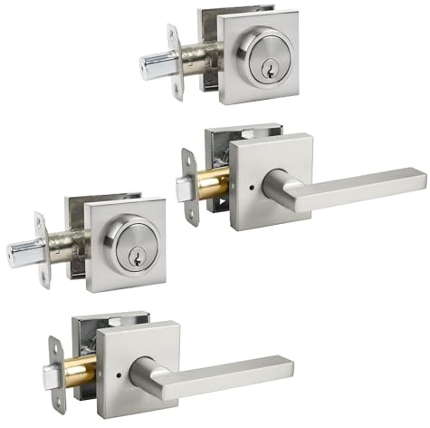 Front Door Handle Set with Deadbolt, Door Levers and Single Cylinder Deadbolt Set, Keyed Alike Heavy Duty Keyed Privacy Handles Locksets,(Satin Nickel,2Pack)