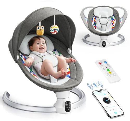 Helangel Elektrische Babywippe für Kleinkinder,Elektrische Babyschaukel mit 5 Punkt Sicherheitsgurt 5 Schaukelgeschwindigkeiten 3 Timer,APP Steuerung Neugeborenes Kleinkind für 0-6 Monate