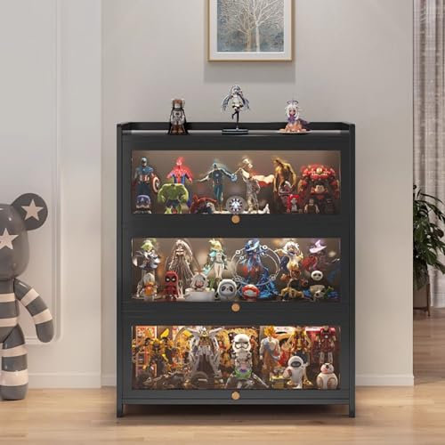 uofgcru Großer Kapazität Klare Regal Vitrine, Glas Acryl vitrine, Bambou Bücherregal Vitrinenschrank, Holzvitrine, 3 Schichten,Glasvitrine für Bücher, Wein, Büro, Wohnzimmer, Küche 80×32×106cm Black