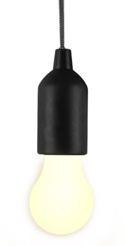 MVIOCS LED Zugschnur Glühbirne, Batteriebetriebene Zeltlampe Birne, Warmweiß 3000K, Kompakte Hängende Zugschnur Laterne für Innen Außen, Notfall, Camping, Gartendekoration, Party (Schwarz)