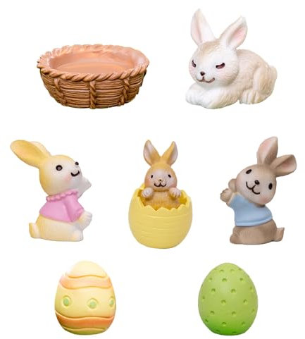 BOOSHMall 7 pcs Figurine Lapin pour Pâques, Figurines Miniatures Pâques, Mini Lapin Oeuf de Pâques Décoration, pour Printemps Pâque Fête Anniversaire
