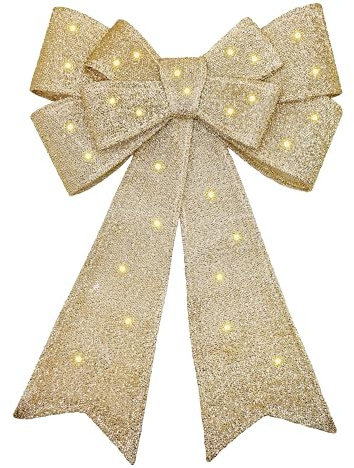 Vorbeleuchtete goldene Weihnachtsschleife – blinkende, dimmbare LEDs, Timer, Fernbedienung, lange Lebensdauer, Klebepads – 55,9 cm goldene Weihnachts-Türschleife/Weihnachtsbaumspitze, Weihnachtskränze