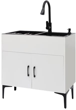HDMOZUYT Meuble de buanderie avec évier en Acier Inoxydable et Robinet rétractable, évier Utilitaire avec Armoire, Grand Meuble de buanderie pour buanderie/buanderie