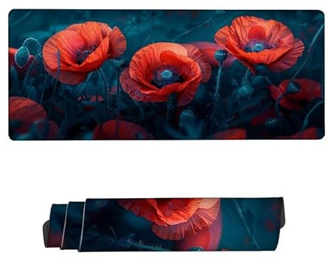 Gaming Mauspad XXL 900x300x3mm, Mauspad Rot Mousepad, Schreibtischunterlage Mohn Mousepad Wasserdicht, rutschfeste Gummibasis, Verbessert Präzision und Geschwindigkeit, Gaming-Mauspads für PC, RS-864