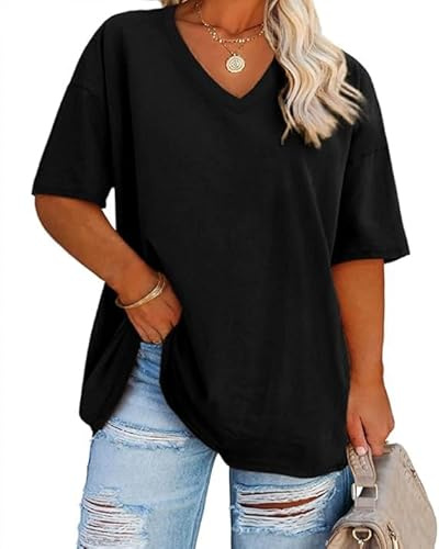 Fisoew Hauts pour Femme - Grandes Tailles - T-Shirt à Manches Courtes avec col en V - Été - Décontracté - Oversize - en Coton - Tee-Shirt Basique, Noir, 3XL
