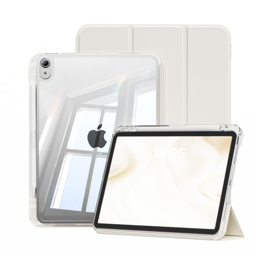 JKSML Hülle für iPad (A16) 11./10. Generation (2025/2022) 11/10,9 Zoll | 2 in 1 Abnehmbare Hülle mit Stifthalter, Hart PC Transparent Rückseite, Touch ID & Auto Schlaf/Weck (Weiße Creme)