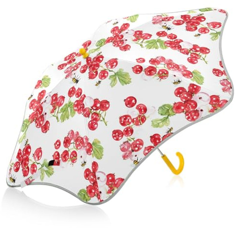 linqin Paraguas para niños y niñas con grosella roja, color blanco, resistente a los rayos UV, paraguas de viaje con tira reflectante, paraguas pequeño para mochila con mango de gancho de fácil agarre