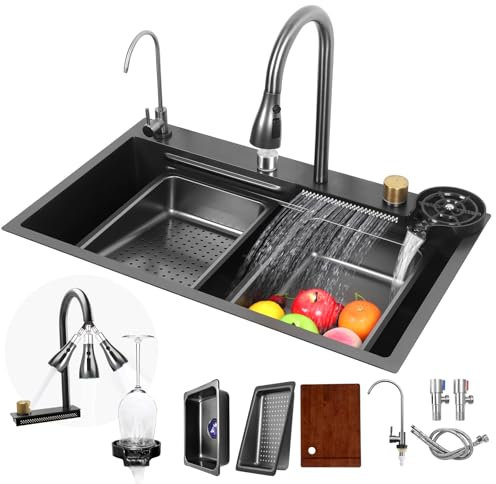 Fulgutonit Waterfall Kitchen Sink, Multifunctional Smart Sink with Waterfall Faucet, Matt Black Composite Kitchen Washbasin with Cup Washer Drain Basket Basin & 4 Spray Modes, 75x46CM