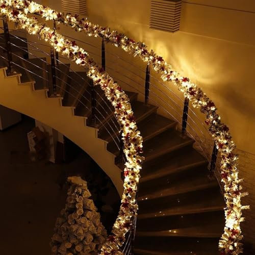 Kränze. 9 ft Weihnachtsgirlande for Treppengeländer, beflockte Girlande, Weihnachtstreppendekoration, echte Touch-Girlande for Innen- und Außenbereich, Heim-Weihnachtsdekorationen