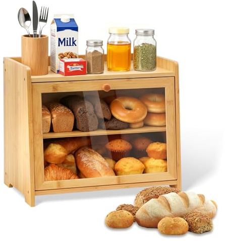 MAIJIAJU 1 PCS Bamboo Bread Box, Double Layer Natural Wood Tone Storage Bin | Solid Bamboo Build, Clear Window, Air Vents Side Handles, Food Safe Countertop Storage For Loaves Bagels Muffins Pastries