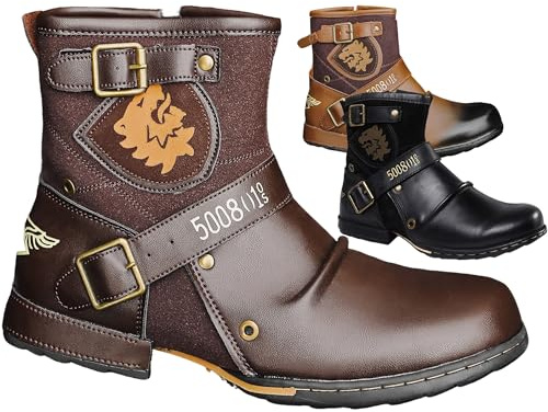 RenDiuJups Motorradstiefel Herren Knöchelhohe Lederstiefel mit Reißverschluss, wasserdichte Biker Stiefel, Stylische & Robuste Motorradschuhe in Übergrößen, rutschfest(Coffee,48 EU)