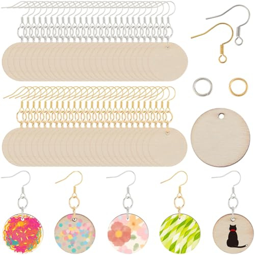 SOFPLATE 300 Juego de Pendientes de Madera Sin Terminar Redondos s Estilo Bohemio de Madera Natural con Recortes Circulares Colgantes Juego con Anilla de Latón Y Ganchos para Hacer Joyas.