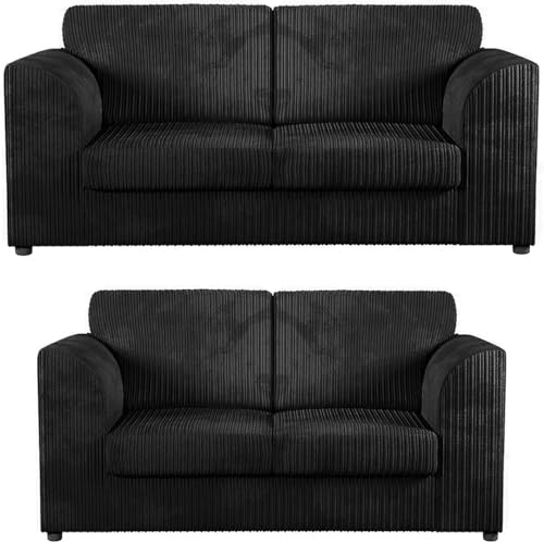 Bliss Furniture's Jumbo Cord High Back 3 and 2 Seater Sofa Sets | Supreme Comfort Duo in Soft Cord Fabric - Elevate Your Living Space with Double the Style and Comfort. (Black, 3+2 Set)
