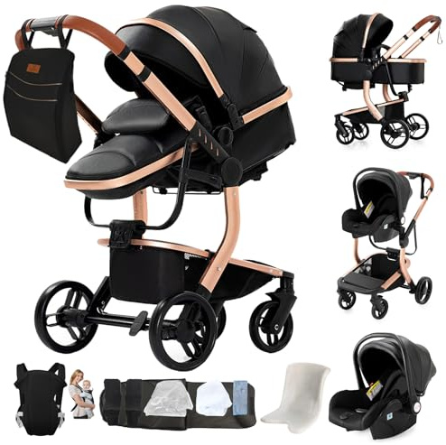 Sianldcone PU läder babyvagn 3 i 1, högkvalitativa tyger babyvagn 3 delar, tvåvägs tryck barnvagnar, öppen sikt vändbar vandringsstol (L518 svart)