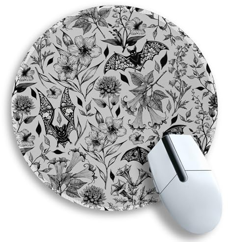 Gctriki Goth Floral Bat Mouse Pad for Desk, Funny Round Mousepad for Computer Laptop Gaming Stitched Edge Non-Slip Rubber Base, Gothic Gifts Home Office Desk Accessories Decor Supplies for Women
