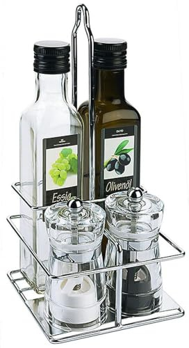 Contacto Menage Set Essig & ÖL 250 ml mit Salz- und Pfeffermühle - verchromter Draht, Glasflaschen, Acrylmühlen, Keramik- und Kunststoff-Mahlwerk