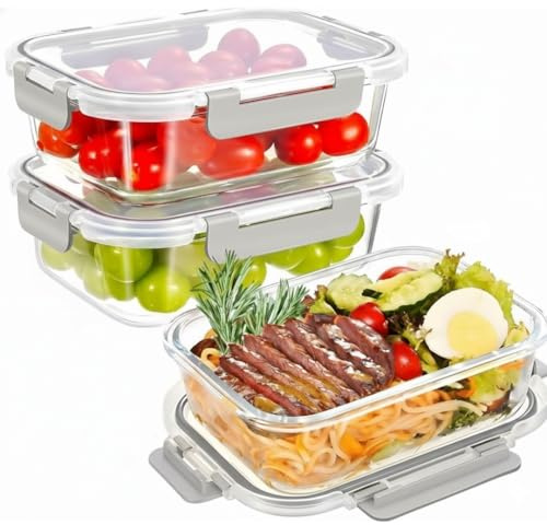 MINIMARG 3 Pack Large Food Prep Glass Containers With Lids, Leak Proof Glass Meal Prep Containers Reusable Food Storage Containers With Lids, 35oz (Grey (Single Compartment-3 Pack))