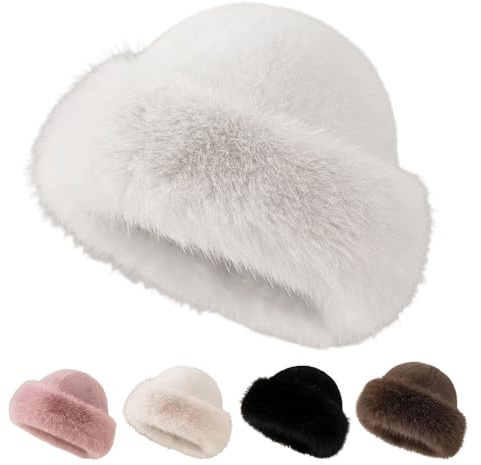 Generisch Wintermütze Faux Fuchs, Winter Faux Fur Bucket Hat, Pelzmütze Damen Russische Mütze Kosakenmütze Fellmütze (DE/NL/SE/PL, Alphanumerisch, Einheitsgröße, Weiß)