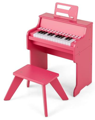 COSTWAY Piano Infantil de 25 Teclas con Taburete y Atril, Órgano Electrónico Niños con Velocidad y Volumen Ajustables, Modo de Enseñanza, Marco Madera, Instrumento Musical para Niños 3+ Años (Rosa)