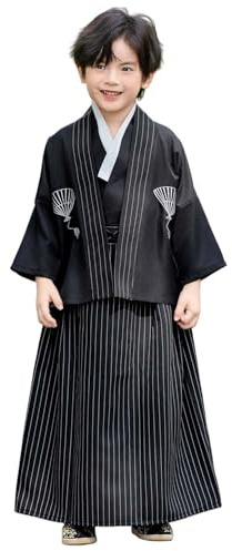 YEMYIQZ Boy Kimono Set Samurai Costume Suits Japanese Warrior Long Sleeve Top Coat Vest Pants Fan Anime Cosplay Halloween (Black, L)