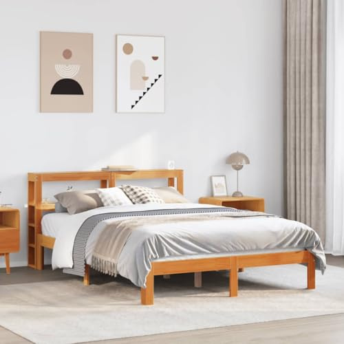 Ordellia Massiv träsäng utan madrass, vaxbrun, 135 x 190 cm, furu, sängram med ribbotten, möbler för sovrum, plattformssäng