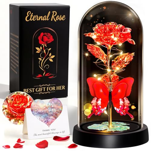 HAOCEE Rose Cadeau Femme,Rose Éternelle avec Papillons＆LED(Rouge-Or) | Rose Galaxie Verre Cadeau pour Noel, La Fête des Mères, Saint Valentin, Anniversaire Hochzeitstag Elle,Maman,Femme,Grandmère