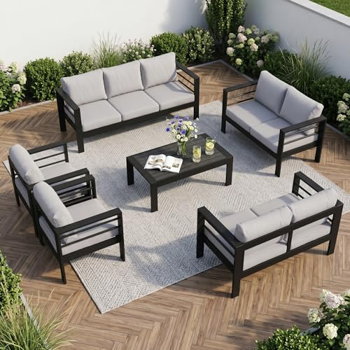 LANOX Gartenmoebel Set Aluminium Gartenlounge Set 9 Personen wetterfest Lounge Garten 3 Sitzer 2 Zweisitzer 2 Sessel Tisch 18 Kissen Balkon Terrasse schwarz