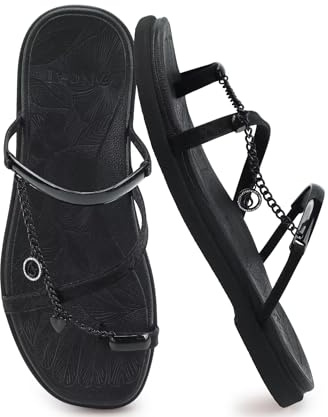 ONCAI Womens Flat Sandals Toe-loop Square Open Toe Strappy Slide Sandal Summer Essentials Fashion Dressy Slip on Casual Beach Lightweight Ladies Slides Shoes Size UK 4-9