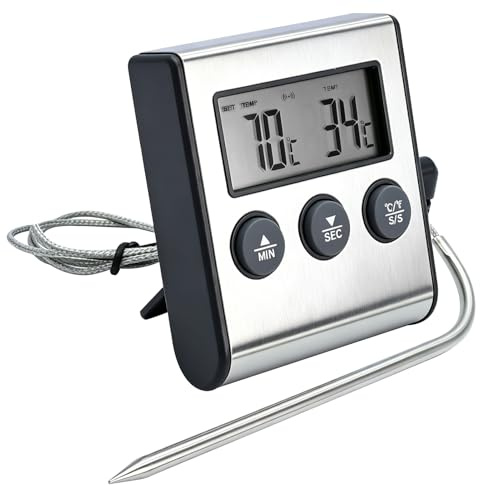 Digitales Fleischthermometer -50~250°C mit Edelstahlsonde | Digital LCD Bratenthermometer mit Timer & Alarm Grillthermometer Küchen Thermometers für BBQ, Ofen, Braten, Grill