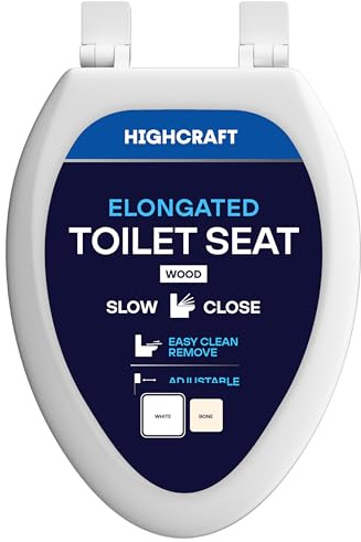 Highcraft W4TSWE Elongated Molded Wood Toilet Seat Slow Close ? Easy Remove ? Adjustable Hinge, White
