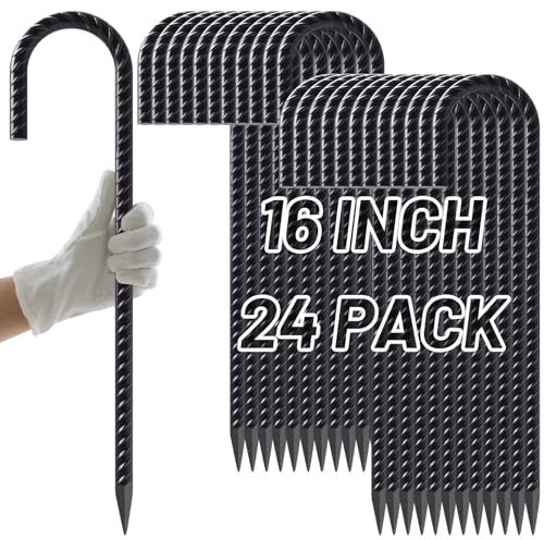 AAGUT Rebar Stakes 16 Inch J Hook Heavy Duty 24 Pack, 3/8 Inch Black Coated Metal Steel Ground Anchors Chain Link Fence Stakes for Camping Tent, Inflatables, Yard Decorations, Canopies & Swing Sets