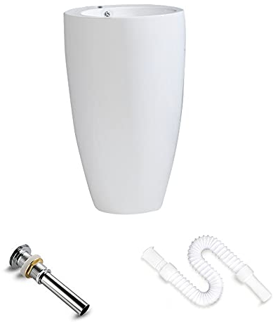 ALYHYB Waschbecken Rund - 49 * 49 * 82cm Modernes Badezimmer Rund Boden Stehend Weißes Porzellan Keramik Gefäß Eitelkeit Waschbecken Art Becken Mit Hahnloch Und Wasserablauf Set