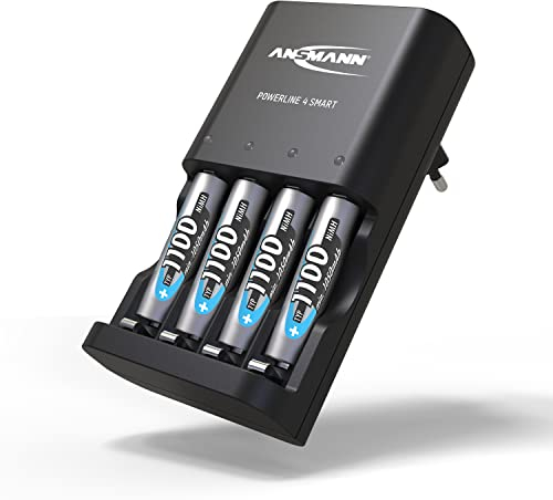 ANSMANN Chargeur pour Piles Powerline 4 Smart (1 PCE) + 4 Piles HR03 1100mAh – Chargeur Automatique pour 1 à 4 Piles HR6/HR03 – Station de Charge avec Mode réparation & détection des accus défectueux