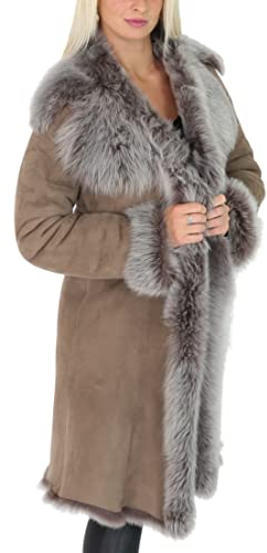 Divergent Retail DR220 Damen Mantel Lammfell Lammfell Lang Italienisch Schaffell Leder Braun Taupe, Braun Taupe, 20 Tall